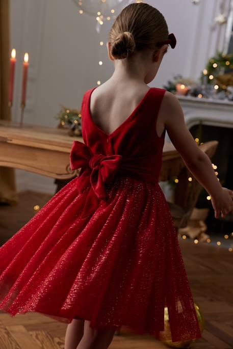 Christmas Special Dress in Velour & Sparkling Tulle for Girls red 