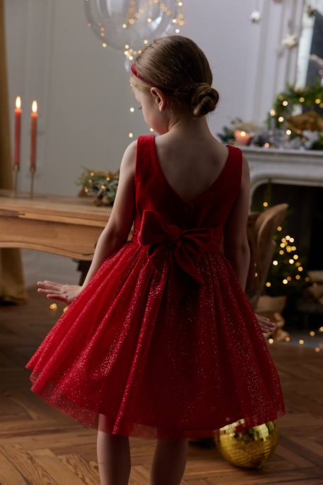 Christmas Special Dress in Velour & Sparkling Tulle for Girls red 