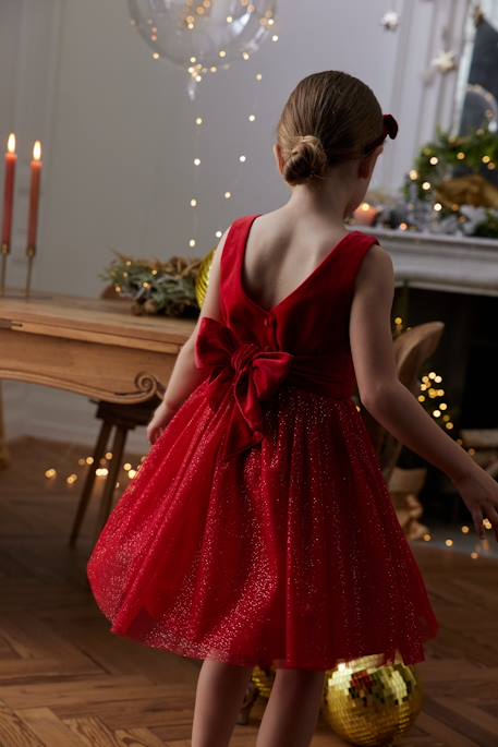 Christmas Special Dress in Velour & Sparkling Tulle for Girls red 