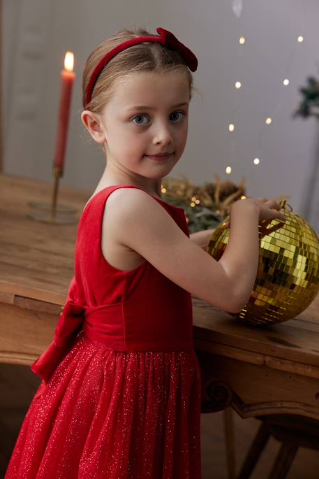 Christmas Special Dress in Velour & Sparkling Tulle for Girls red 