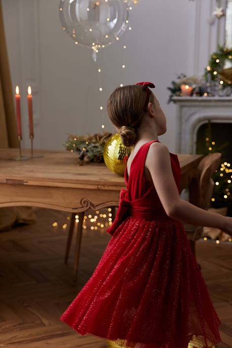 Christmas Special Dress in Velour & Sparkling Tulle for Girls red 