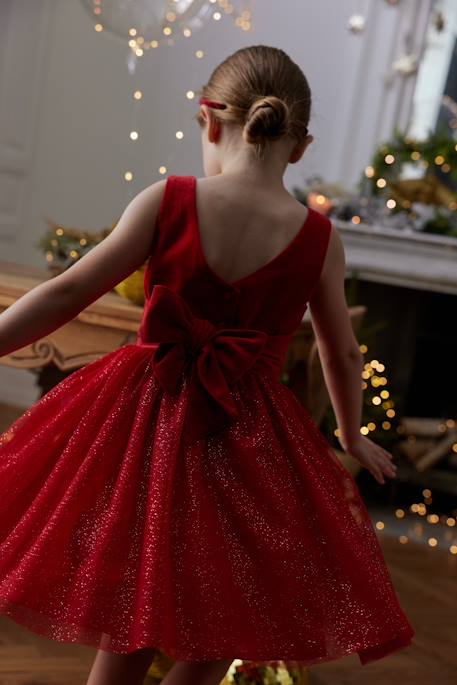 Christmas Special Dress in Velour & Sparkling Tulle for Girls red 