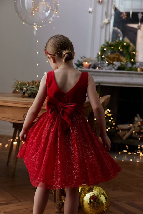 Christmas Special Dress in Velour & Sparkling Tulle for Girls red 