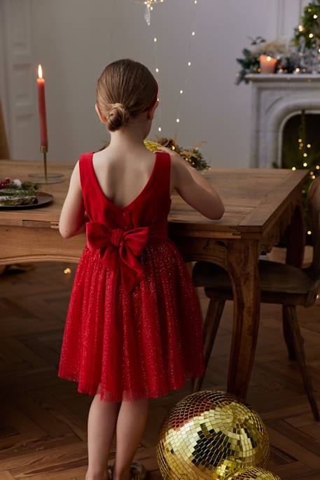 Christmas Special Dress in Velour & Sparkling Tulle for Girls red 