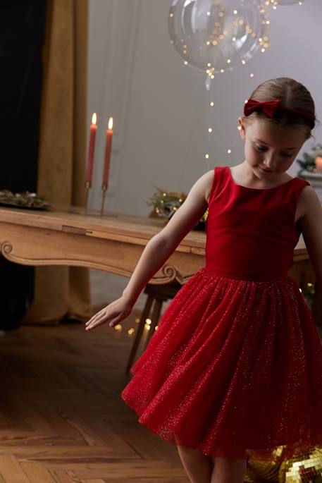 Christmas Special Dress in Velour & Sparkling Tulle for Girls red 