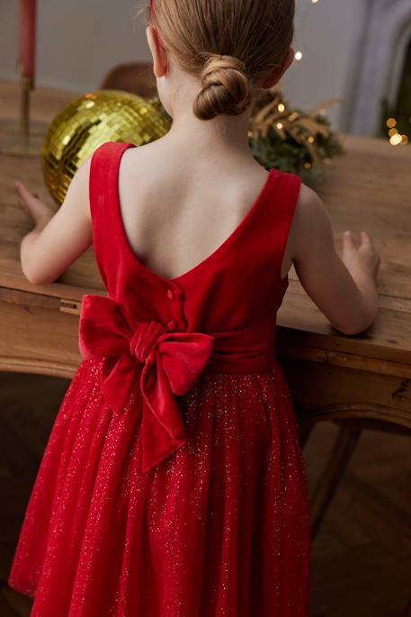 Christmas Special Dress in Velour & Sparkling Tulle for Girls red 