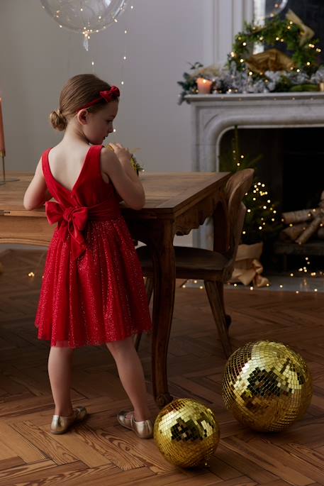 Christmas Special Dress in Velour & Sparkling Tulle for Girls red 