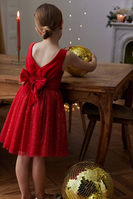 Christmas Special Dress in Velour & Sparkling Tulle for Girls red 