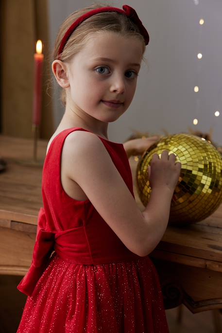 Christmas Special Dress in Velour & Sparkling Tulle for Girls red 