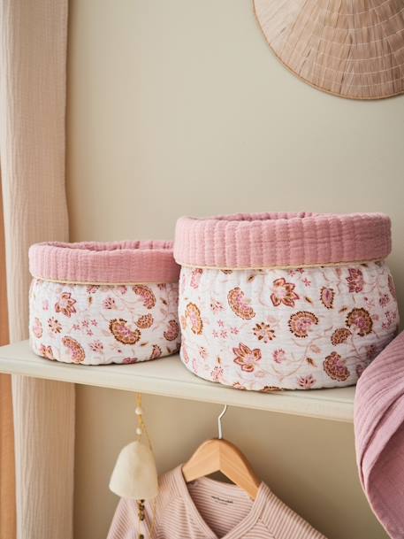 Set of 2 Reversible Baskets, Folk printed pink 