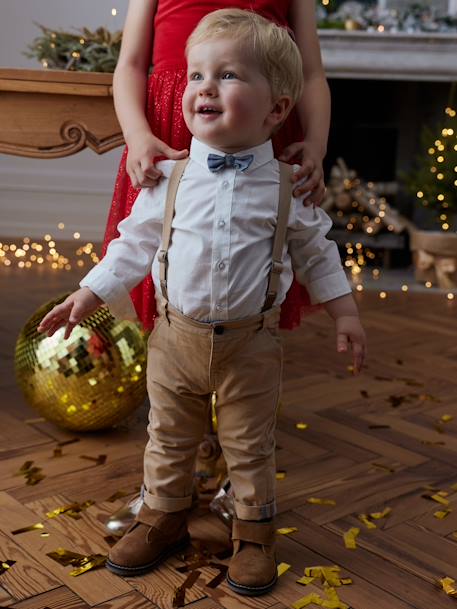 4-Piece Ensemble for Babies, Shirt + Bow Tie + Trousers + Braces beige 