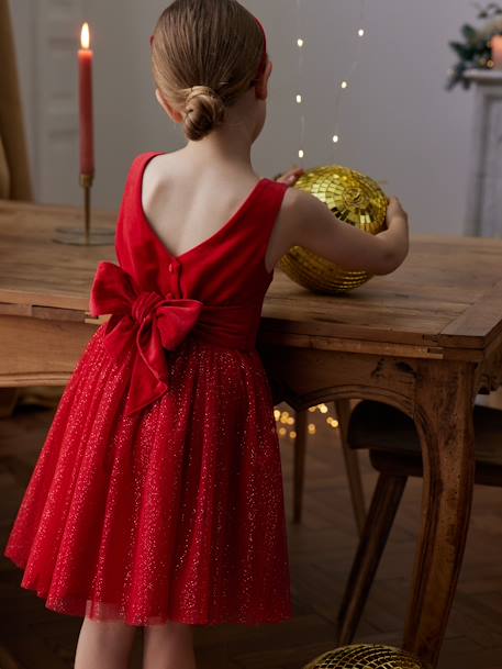 Christmas Special Dress in Velour & Sparkling Tulle for Girls red 