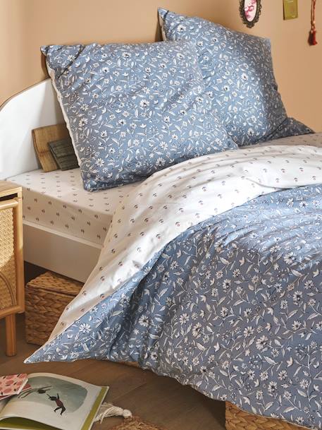 Reversible Duvet Cover + Pillowcase Set for Children, with Recycled Cotton Content, India Blue printed blue 