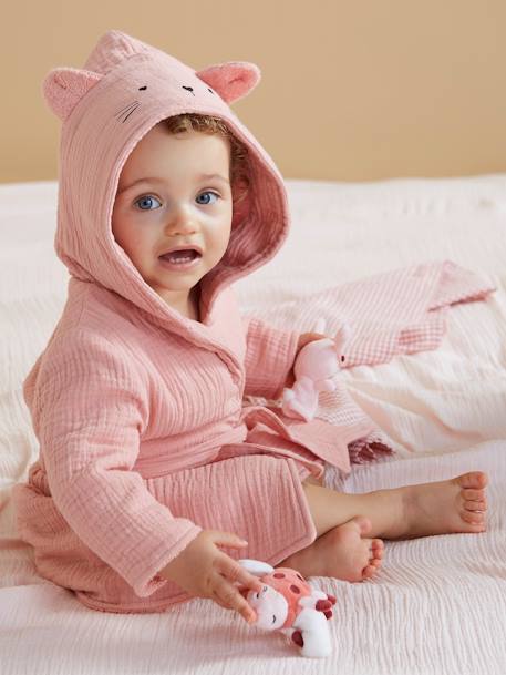 Animal Dressing Gown in Organic Cotton* Gauze for Babies peacock blue+rose 