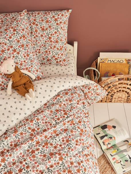 Reversible Duvet Cover + Pillowcase Set for Children, with Recycled Cotton, Retro Flowers multicoloured 