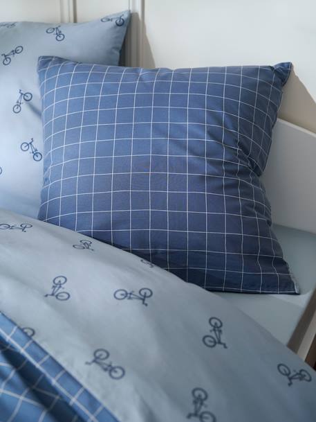 Reversible Duvet Cover + Pillowcase Essentials Set in Recycled Cotton, Checks & Bikes printed blue 