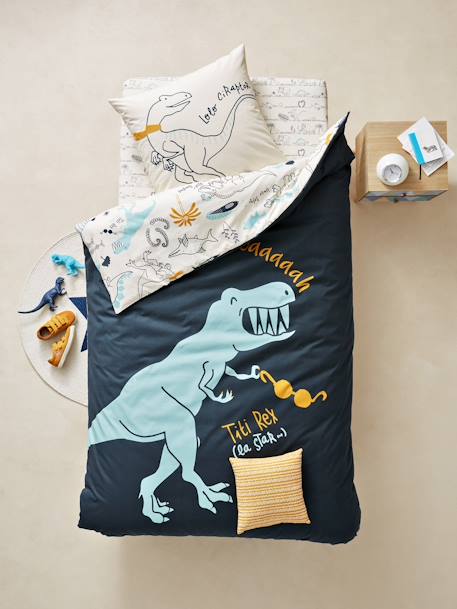 Children's Reversible Duvet Cover & Pillowcase Set, Dinorama Theme Dark Blue/Print 