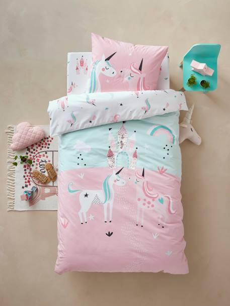 Girls' Duvet Cover + Pillowcase, Magic Unicorns Theme Light Blue 