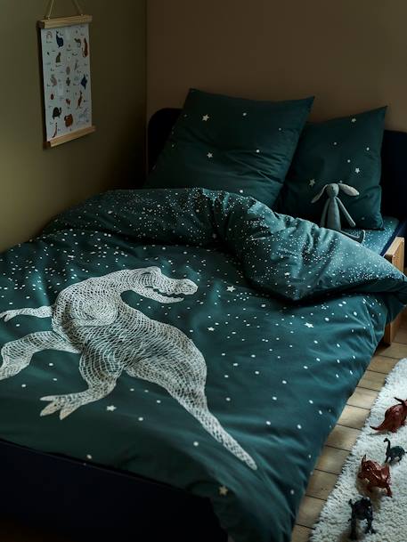 Duvet Cover + Pillowcase Set with Glow-in-the-Dark Details, Graphic Dino GREEN DARK SOLID WITH DESIGN 