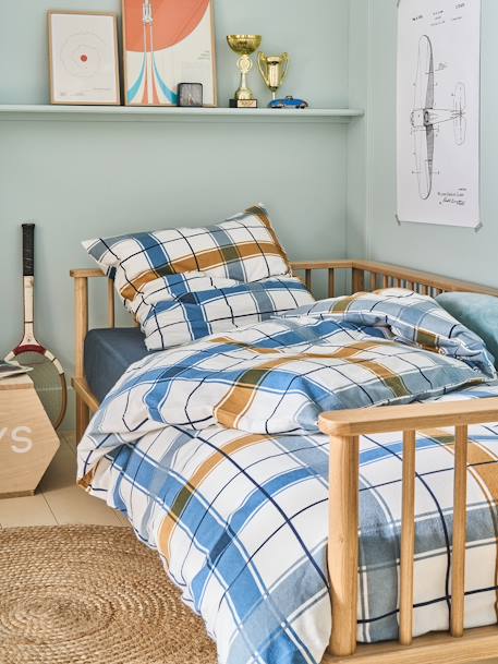 Duvet Cover + Pillowcase Set for Children, in Flannel with Recycled Cotton, Retro Winter striped navy blue 