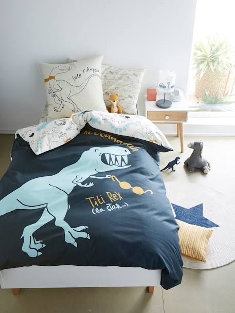 Children's Reversible Duvet Cover & Pillowcase Set, Dinorama Theme Dark Blue/Print 