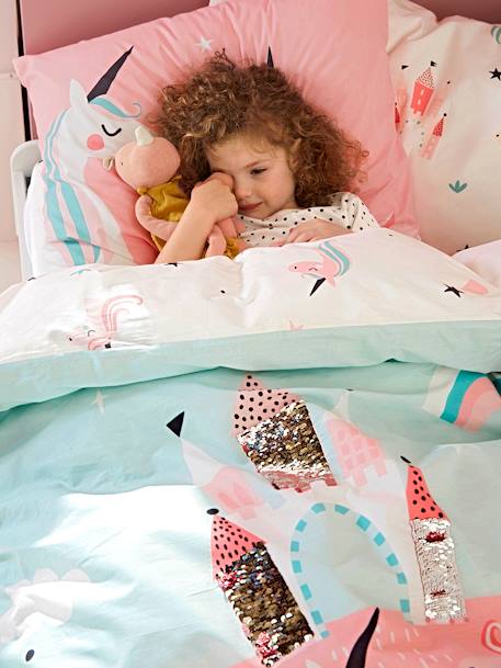 Girls' Duvet Cover + Pillowcase, Magic Unicorns Theme Light Blue 