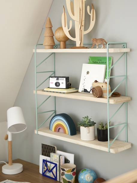 Metal & Wood 3-Level Shelving System Green+WHITE LIGHT SOLID 