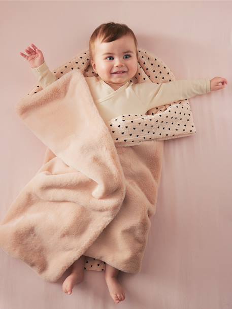 Blanket in Cotton Gauze & Faux Fur, Lovely Leo printed pink 