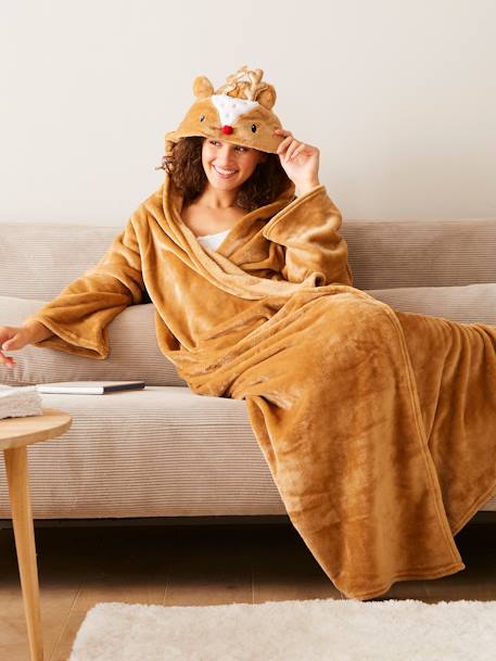 Reindeer Blanket with Sleeves & Hood Light Brown 