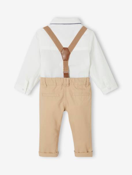 4-Piece Ensemble for Babies, Shirt + Bow Tie + Trousers + Braces beige 