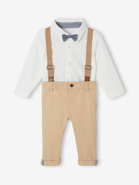 4-Piece Ensemble for Babies, Shirt + Bow Tie + Trousers + Braces beige 