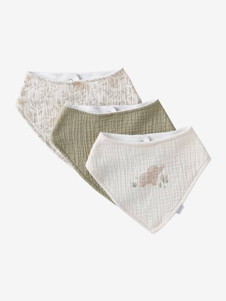 3 Bandana-Style Bibs in Cotton Gauze Brown+crystal blue+ecru+Light Green+old rose+printed beige+sage green+set beige+White/Print 