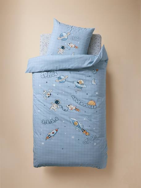 Duvet Cover + Pillowcase Set for Children, with Recycled Cotton Content, Planets printed blue 