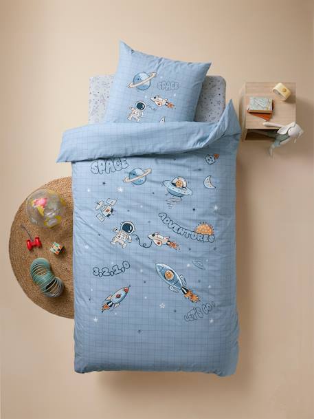 Duvet Cover + Pillowcase Set for Children, with Recycled Cotton Content, Planets printed blue 