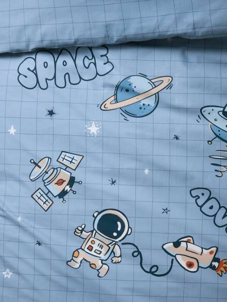 Duvet Cover + Pillowcase Set for Children, with Recycled Cotton Content, Planets printed blue 