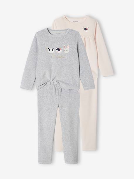 Pack of 2 Velour Pyjamas, Animals, for Girls marl grey 