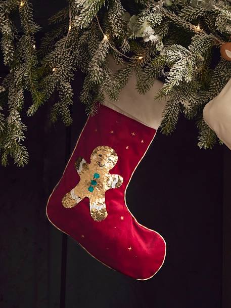 Christmas Stocking with Reversible Sequins, Gingerbread Man Red/Multi 