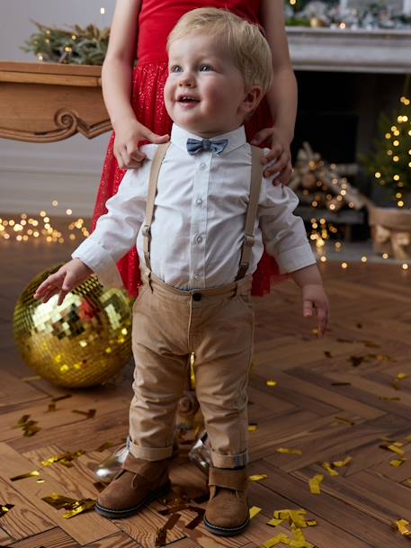 4-Piece Ensemble for Babies, Shirt + Bow Tie + Trousers + Braces beige 