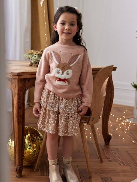 Christmas Gift Box with Jacquard Knit Reindeer Jumper + 2 Scrunchies for Girls ecru+rosy 