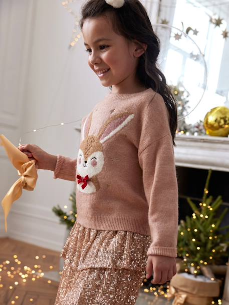 Christmas Gift Box with Jacquard Knit Reindeer Jumper + 2 Scrunchies for Girls ecru+rosy 