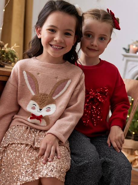 Christmas Gift Box with Jacquard Knit Reindeer Jumper + 2 Scrunchies for Girls ecru+rosy 