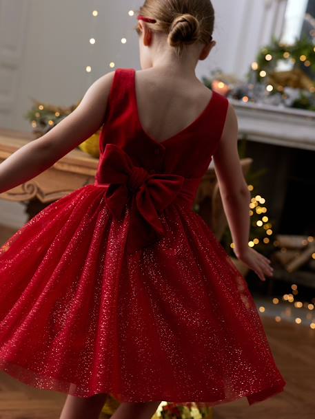 Christmas Special Dress in Velour & Sparkling Tulle for Girls red 