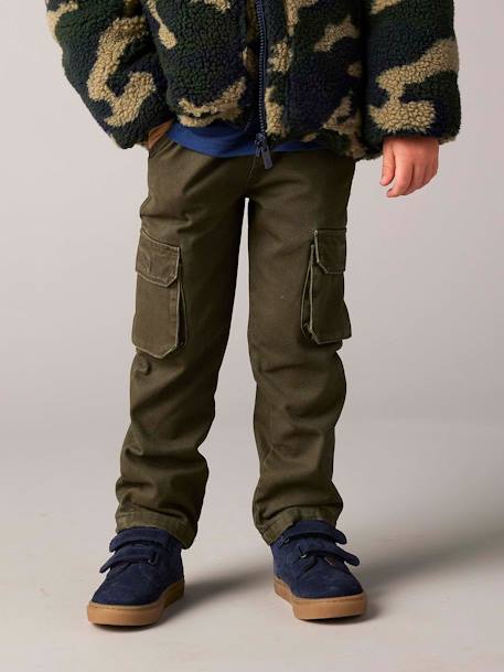 Easy to Slip-on Cargo Trousers with Lining for Boys khaki+night blue 