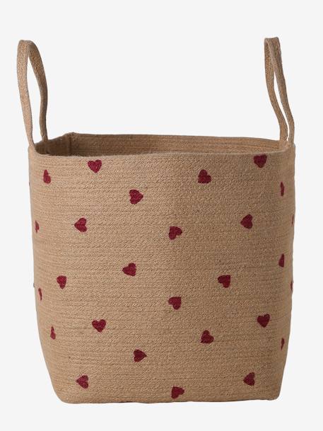 XL jute storage basket with heart design beige 