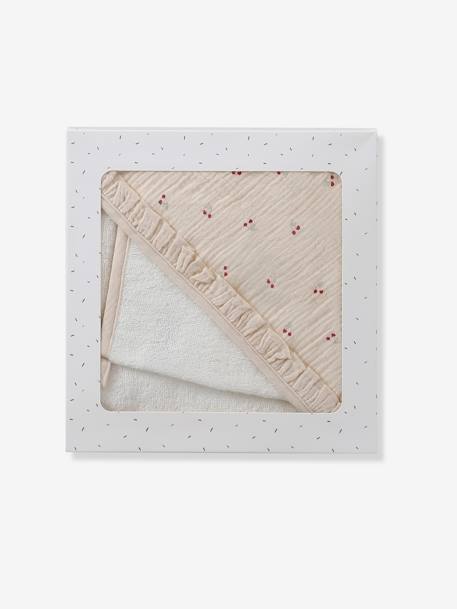 Hooded towel + washcloth CHERRY printed beige 