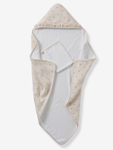 Hooded towel + washcloth CHERRY printed beige 