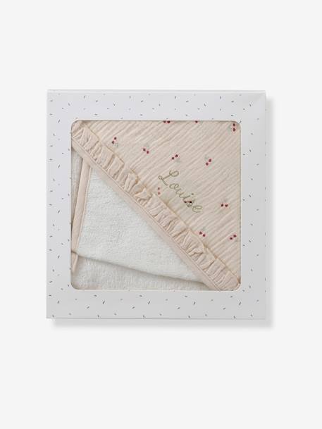 Hooded towel + washcloth CHERRY printed beige 