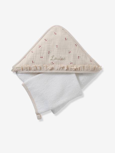 Hooded towel + washcloth CHERRY printed beige 