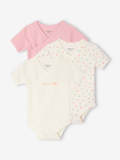 Pack of 3 short-sleeved baby bodysuits 'my little heart' rose 