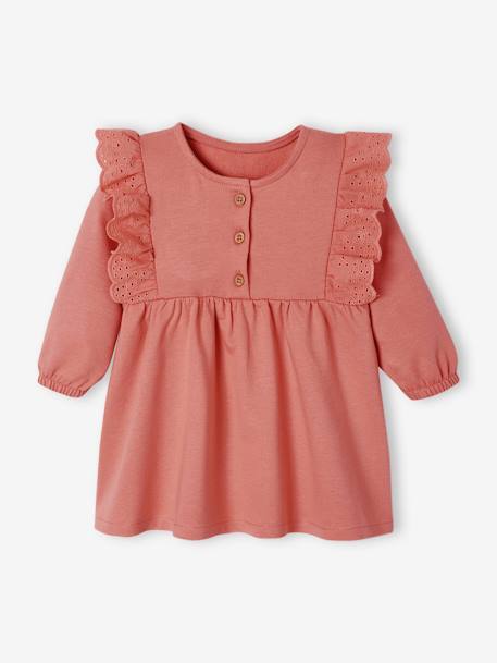 Fleece Dress, Broderie Anglaise Ruffle, for Babies grey blue+rose 